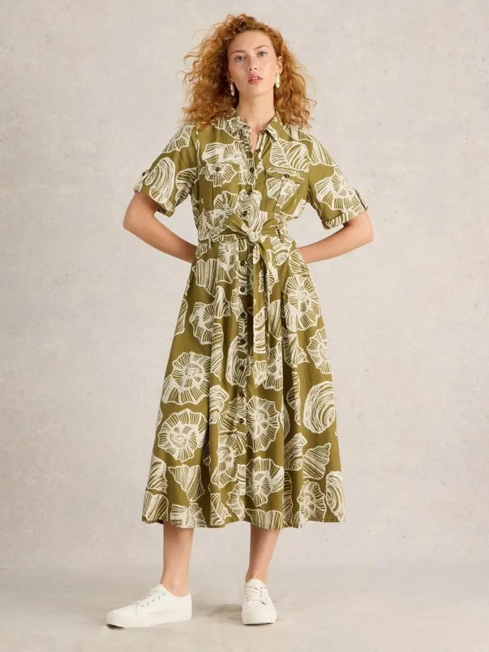 White Stuff Dresses Tiff Linen Blend Shirt Dress Green Print 8211 Women