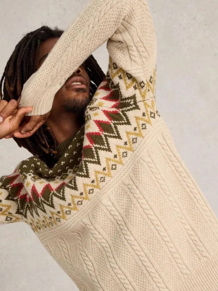 White Stuff Knitwear Cable Wool Fairisle Crew Neck Natural Multi 8211 Men