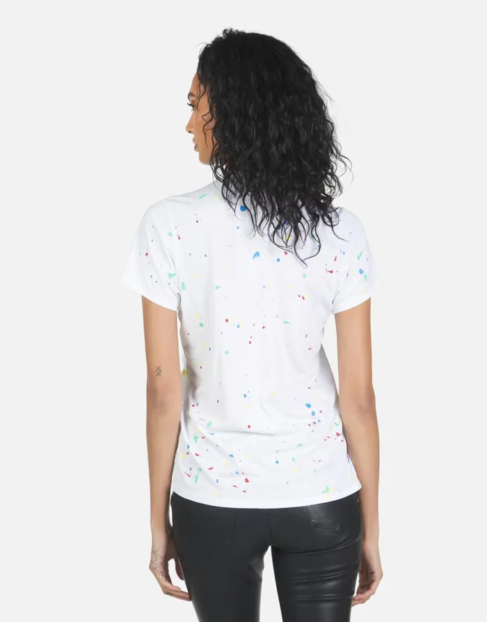 Wolf Text Happy Face Whiteprimary Splatter Women039s Lauren Moshi Short Sleeve Wolf Text Happy Face Whiteprimary Splatter Women039s Lauren Moshi Short Sleeve