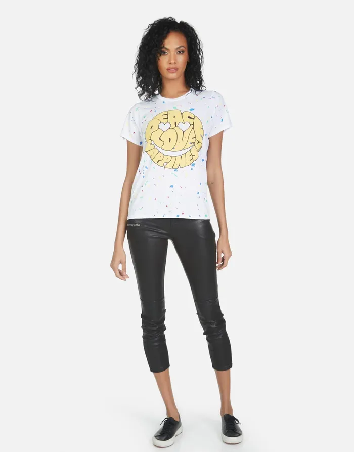 Wolf Text Happy Face Whiteprimary Splatter Women039s Lauren Moshi Short Sleeve Wolf Text Happy Face Whiteprimary Splatter Women039s Lauren Moshi Short Sleeve