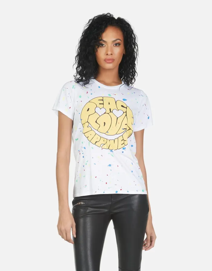 Wolf Text Happy Face Whiteprimary Splatter Women039s Lauren Moshi Short Sleeve Wolf Text Happy Face Whiteprimary Splatter Women039s Lauren Moshi Short Sleeve