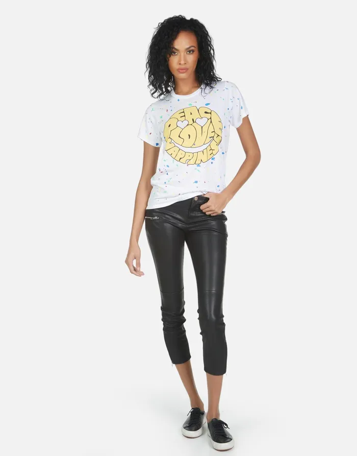 Wolf Text Happy Face Whiteprimary Splatter Women039s Lauren Moshi Short Sleeve Wolf Text Happy Face Whiteprimary Splatter Women039s Lauren Moshi Short Sleeve