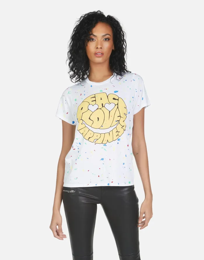 Wolf Text Happy Face Whiteprimary Splatter Women039s Lauren Moshi Short Sleeve Wolf Text Happy Face Whiteprimary Splatter Women039s Lauren Moshi Short Sleeve