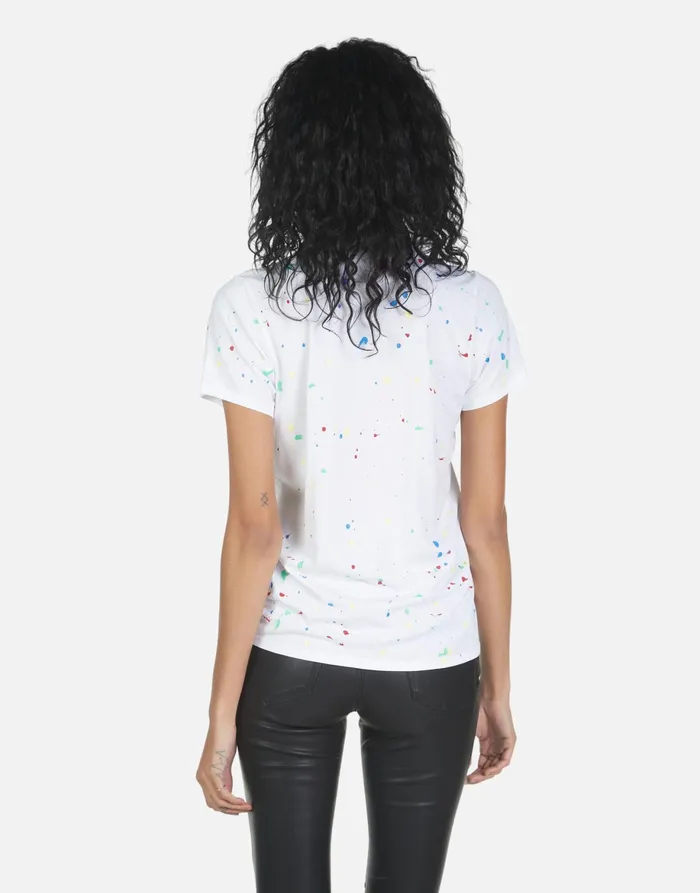 Wolf Text Happy Face Whiteprimary Splatter Women039s Lauren Moshi Short Sleeve Wolf Text Happy Face Whiteprimary Splatter Women039s Lauren Moshi Short Sleeve