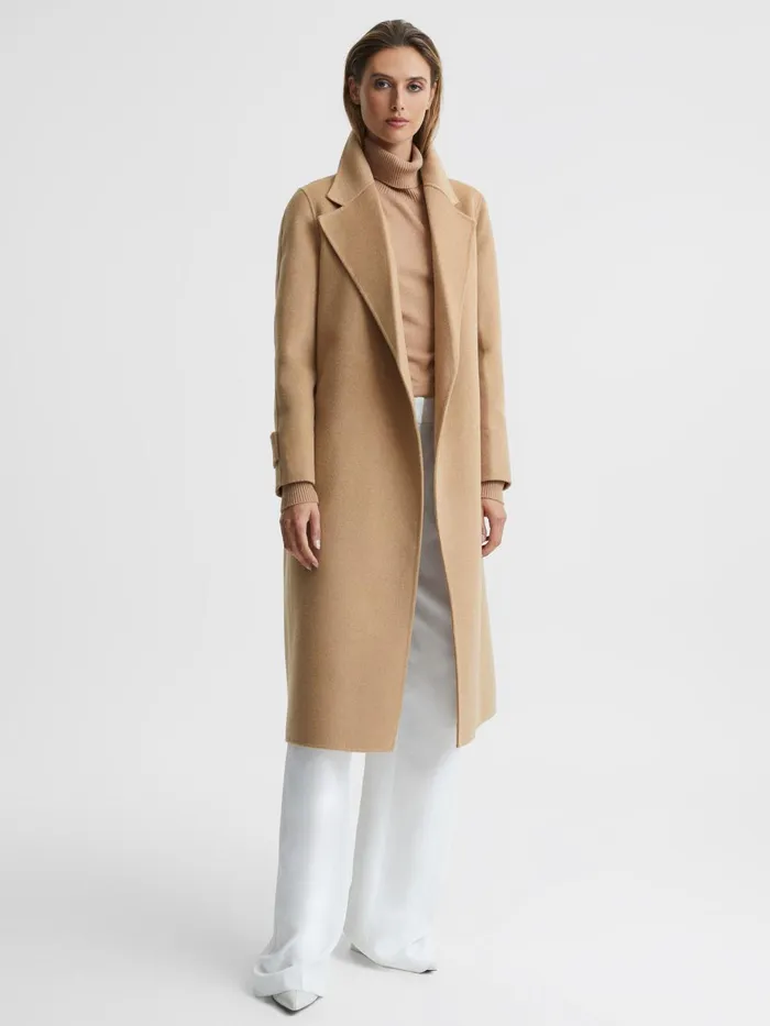 Women Agnes Belted Blindseam Wool Longline Coat Camel Reiss Coats and Jackets