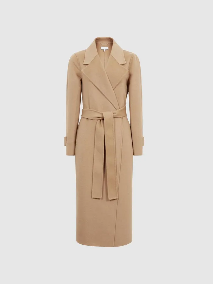 Women Agnes Belted Blindseam Wool Longline Coat Camel Reiss Coats and Jackets