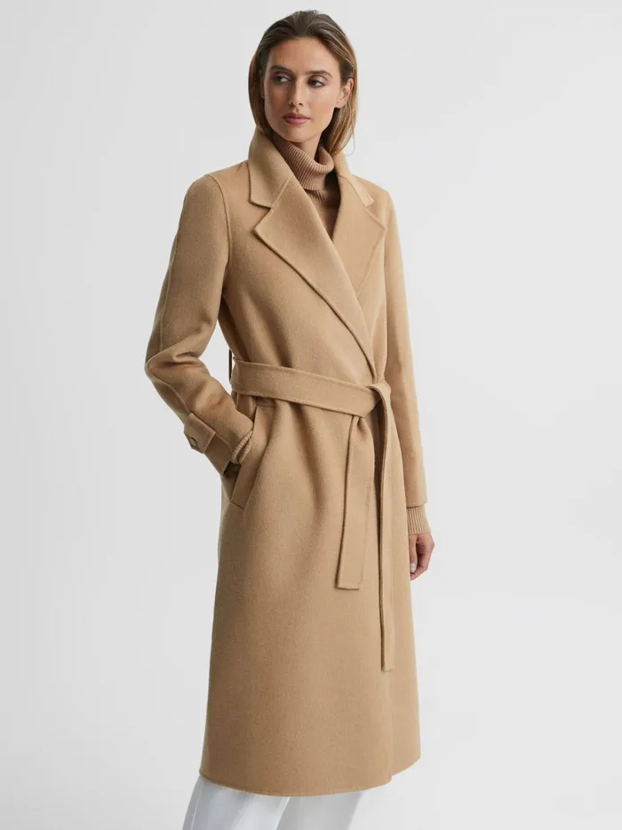Women Agnes Belted Blindseam Wool Longline Coat Camel Reiss Coats and Jackets