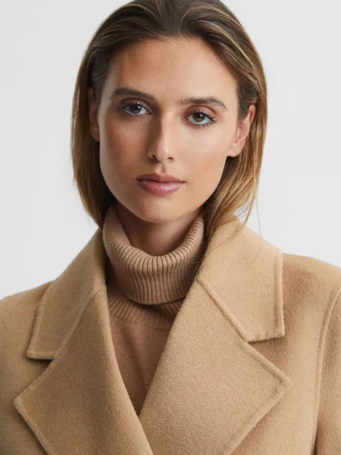 Women Agnes Belted Blindseam Wool Longline Coat Camel Reiss Coats and Jackets