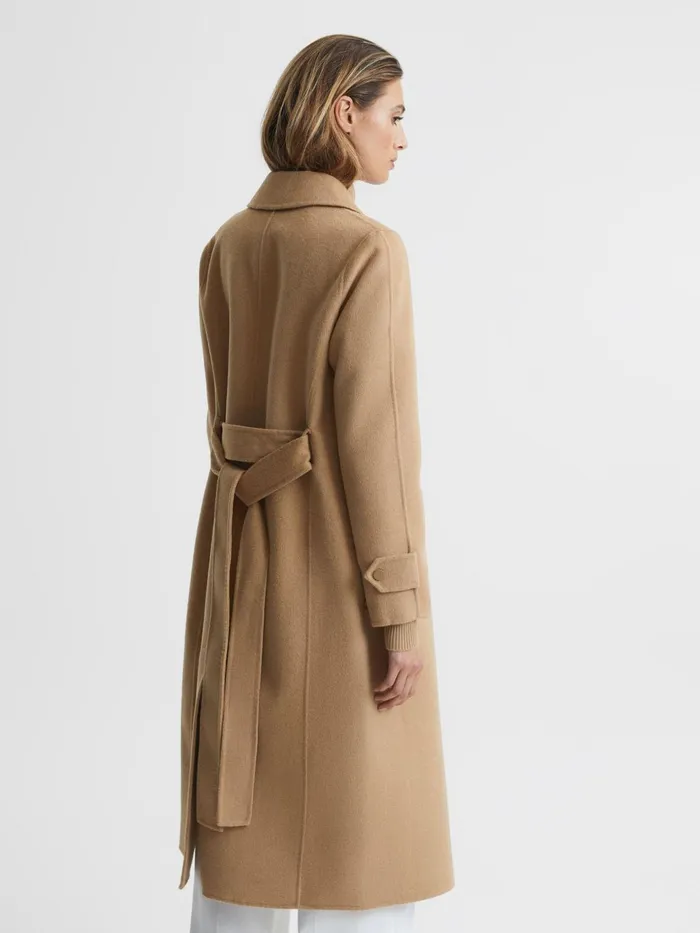 Women Agnes Belted Blindseam Wool Longline Coat Camel Reiss Coats and Jackets