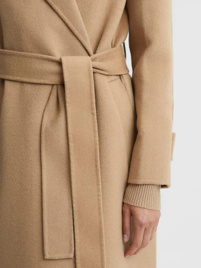 Women Agnes Belted Blindseam Wool Longline Coat Camel Reiss Coats and Jackets