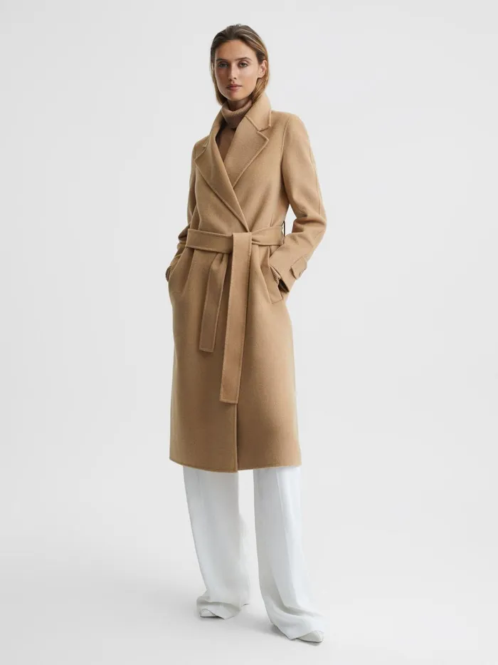 Women Agnes Belted Blindseam Wool Longline Coat Camel Reiss Coats and Jackets