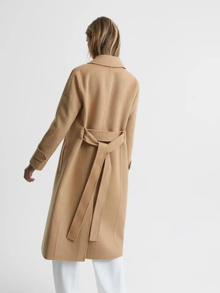 Women Agnes Belted Blindseam Wool Longline Coat Camel Reiss Coats and Jackets