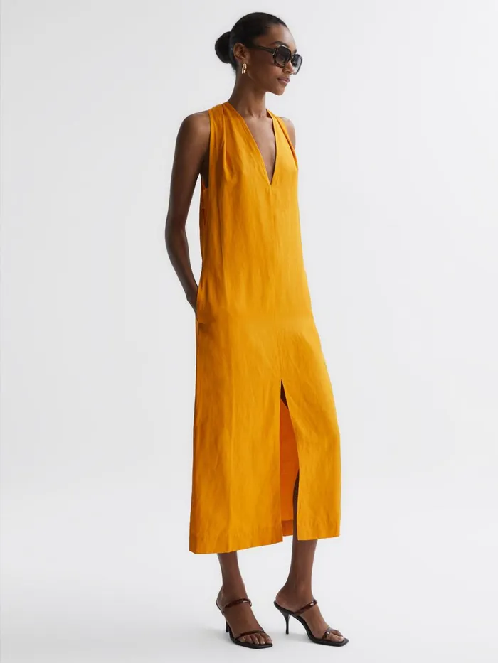 Women Alda Plunge Neck Midi Dress Yellow Reiss Dresses