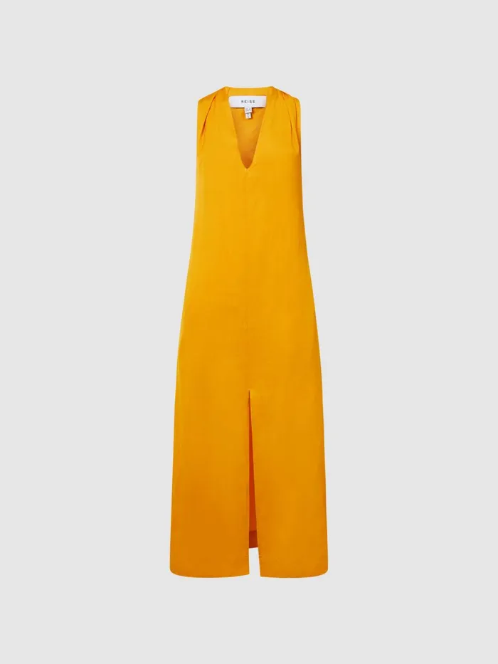 Women Alda Plunge Neck Midi Dress Yellow Reiss Dresses