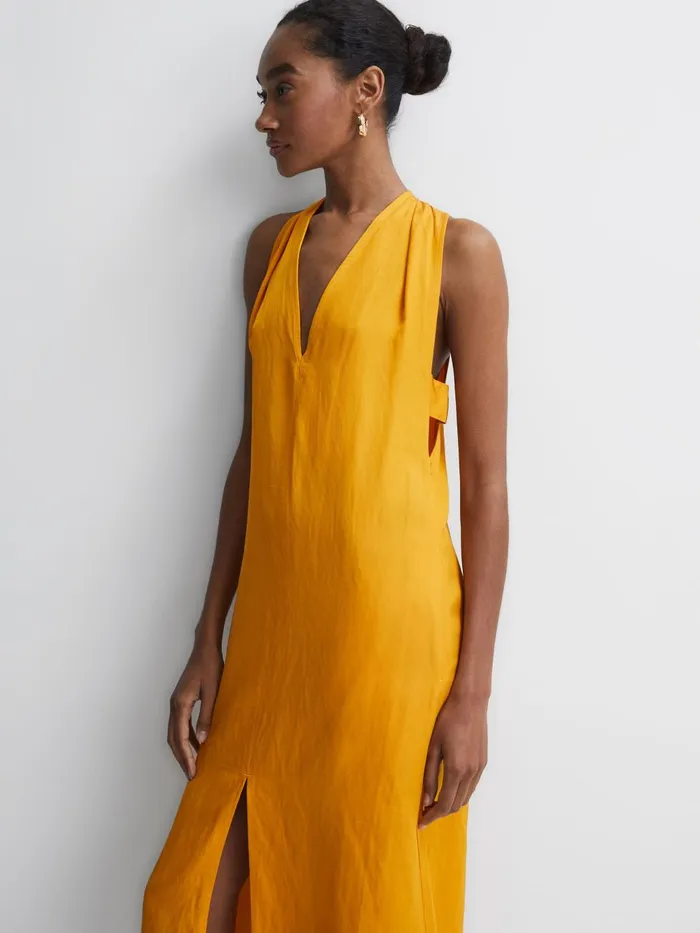Women Alda Plunge Neck Midi Dress Yellow Reiss Dresses
