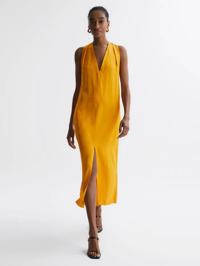 Women Alda Plunge Neck Midi Dress Yellow Reiss Dresses