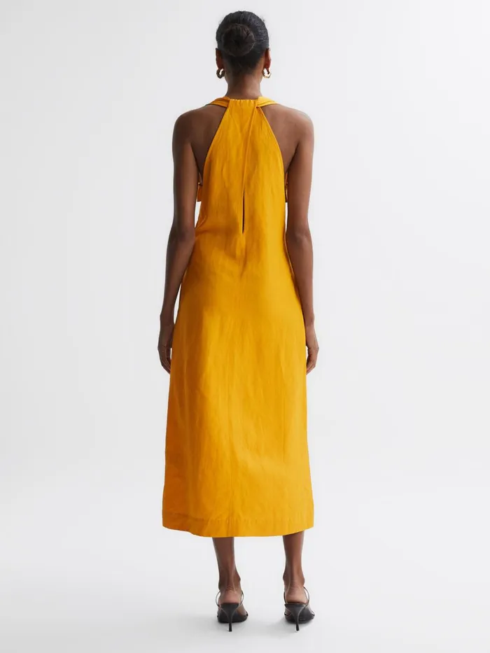 Women Alda Plunge Neck Midi Dress Yellow Reiss Dresses
