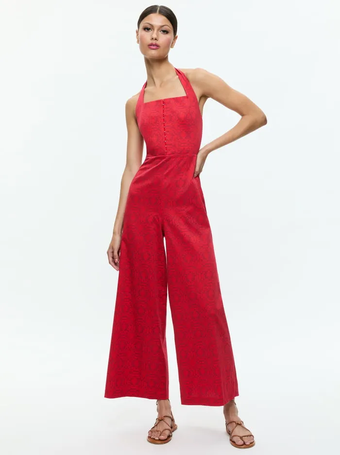 Women Alice Olivia Jumpsuits Rompers Aida Cropped Halter Jumpsuit Symmetry Red Apple