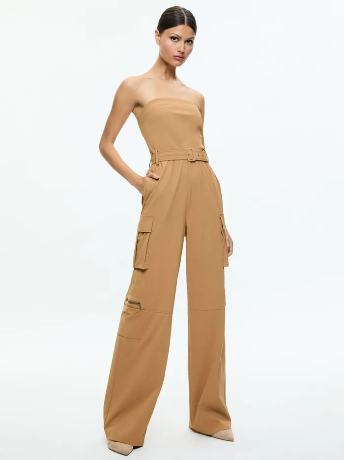 Women Alice Olivia Jumpsuits Rompers Sachiko Strapless Cargo Jumpsuit Tan