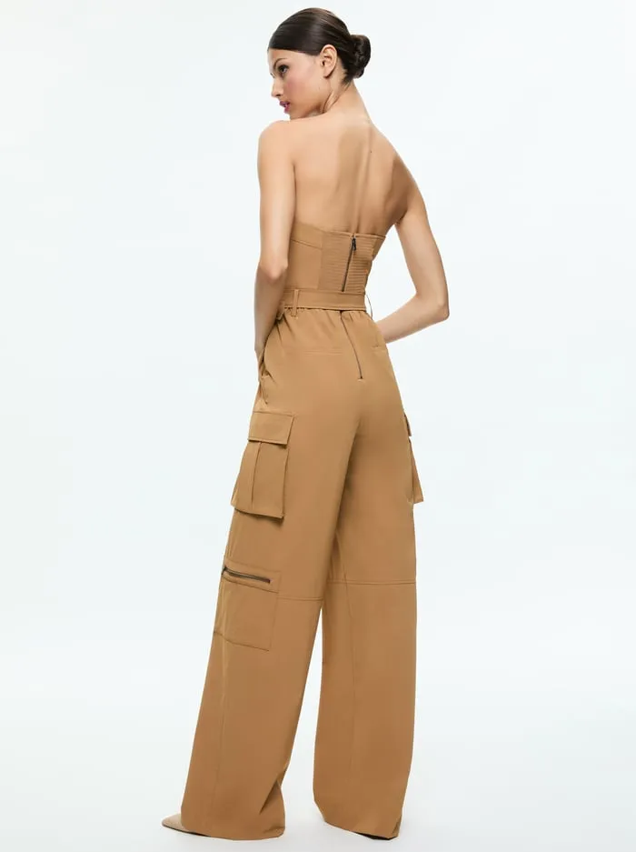 Women Alice Olivia Jumpsuits Rompers Sachiko Strapless Cargo Jumpsuit Tan