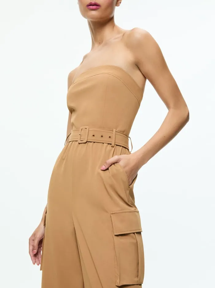 Women Alice Olivia Jumpsuits Rompers Sachiko Strapless Cargo Jumpsuit Tan