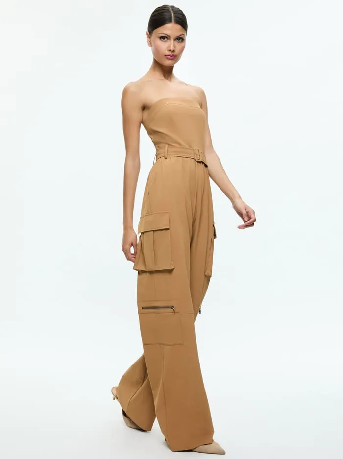 Women Alice Olivia Jumpsuits Rompers Sachiko Strapless Cargo Jumpsuit Tan