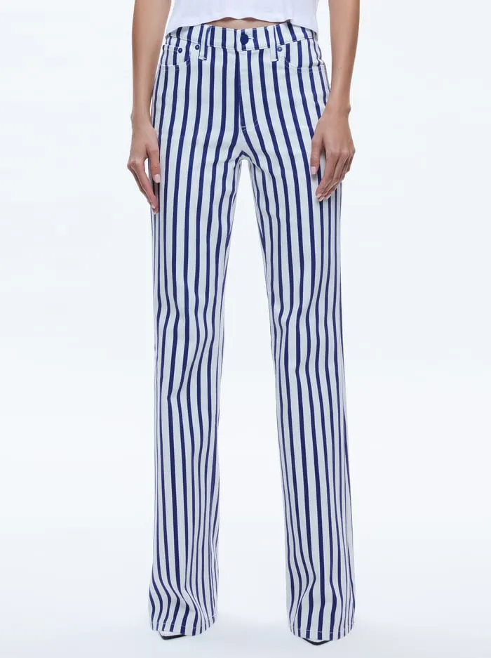 Women Alice Olivia Pants Keira Mid Rise 70s Bootcut Jean Admiral Stripe Indigo
