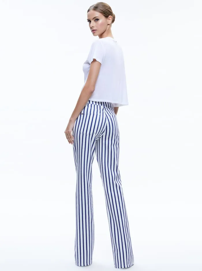 Women Alice Olivia Pants Keira Mid Rise 70s Bootcut Jean Admiral Stripe Indigo