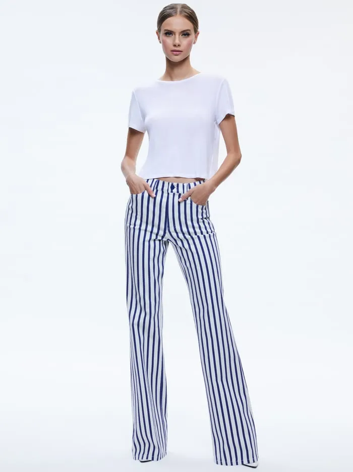 Women Alice Olivia Pants Keira Mid Rise 70s Bootcut Jean Admiral Stripe Indigo