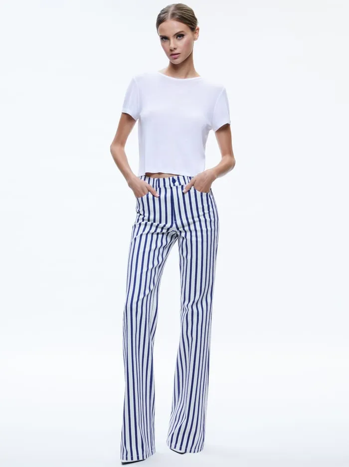 Women Alice Olivia Pants Keira Mid Rise 70s Bootcut Jean Admiral Stripe Indigo