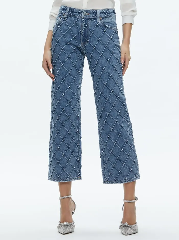 Women Alice Olivia Pants Weezy Quilted Embellished Cropped Mid Rise Jean Light Indigo