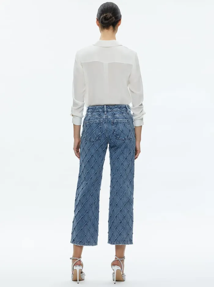 Women Alice Olivia Pants Weezy Quilted Embellished Cropped Mid Rise Jean Light Indigo