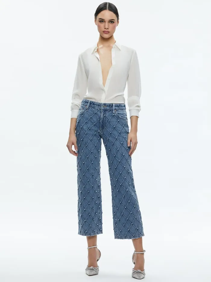 Women Alice Olivia Pants Weezy Quilted Embellished Cropped Mid Rise Jean Light Indigo