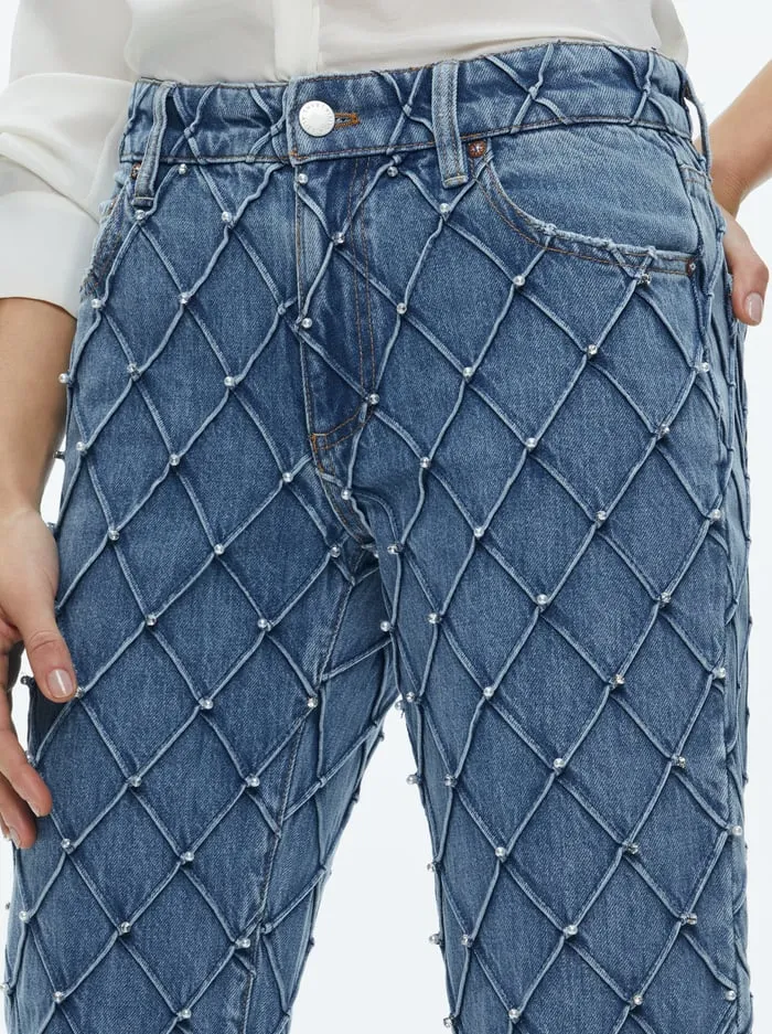 Women Alice Olivia Pants Weezy Quilted Embellished Cropped Mid Rise Jean Light Indigo