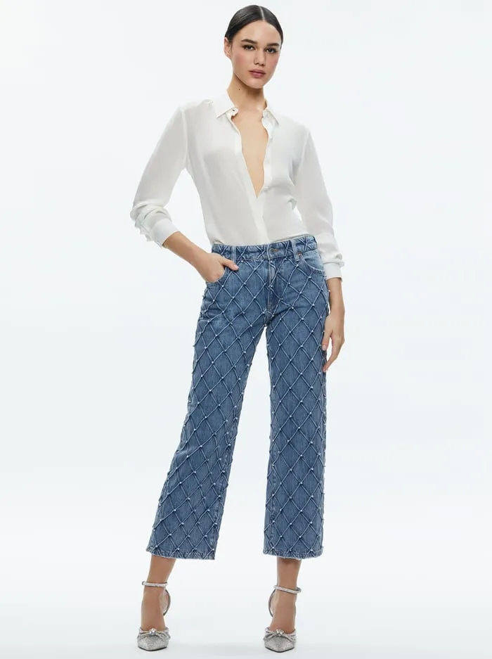 Women Alice Olivia Pants Weezy Quilted Embellished Cropped Mid Rise Jean Light Indigo
