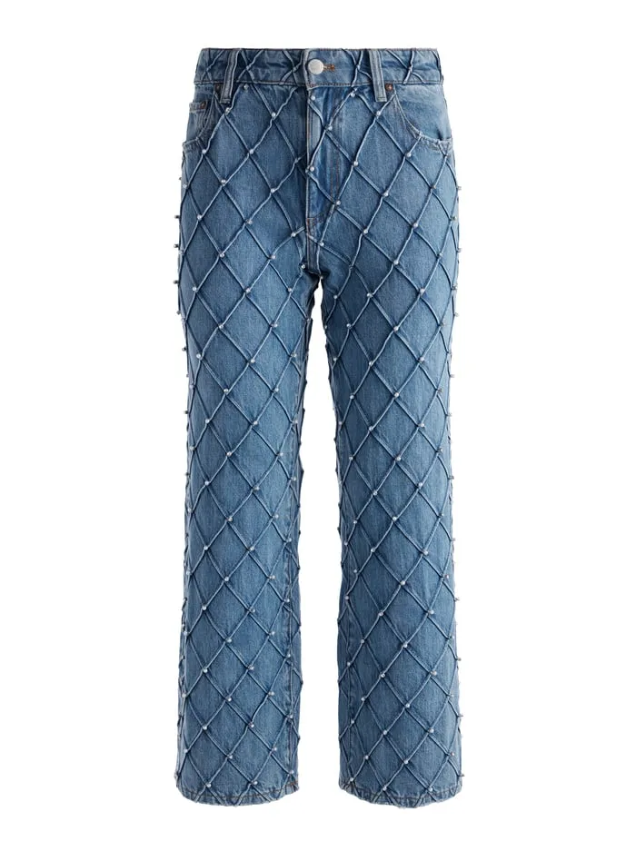Women Alice Olivia Pants Weezy Quilted Embellished Cropped Mid Rise Jean Light Indigo