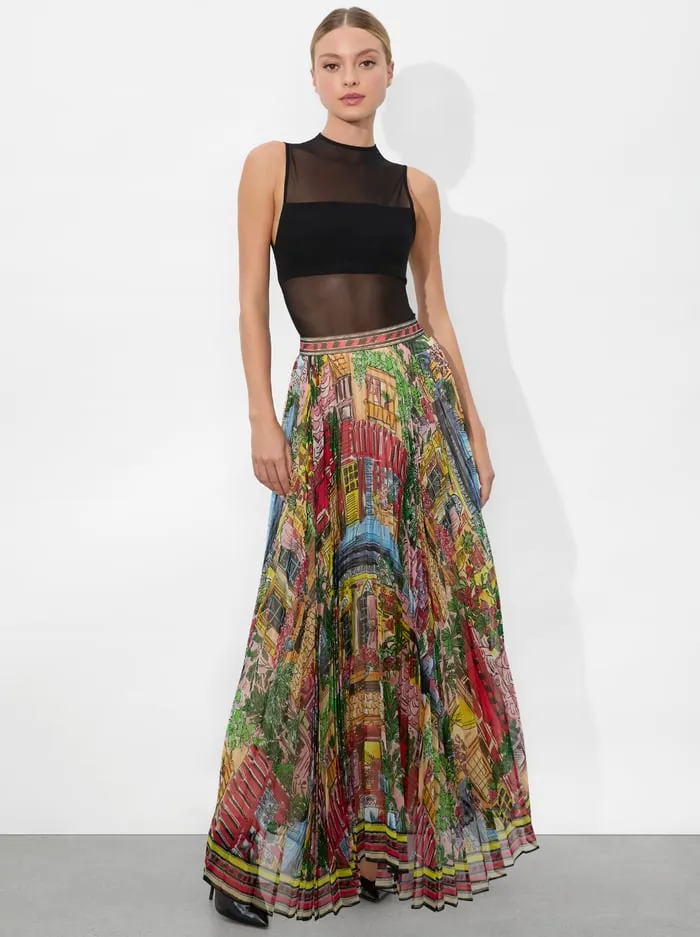 Women Alice Olivia Skirts Katz Maxi Pleated Skirt Vacation Dreams
