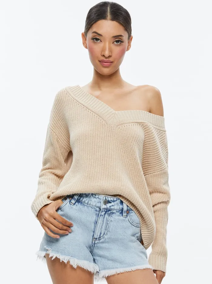 Women Alice Olivia Sweaters Alita Relaxed V Neck Pullover Oatmeal Heather