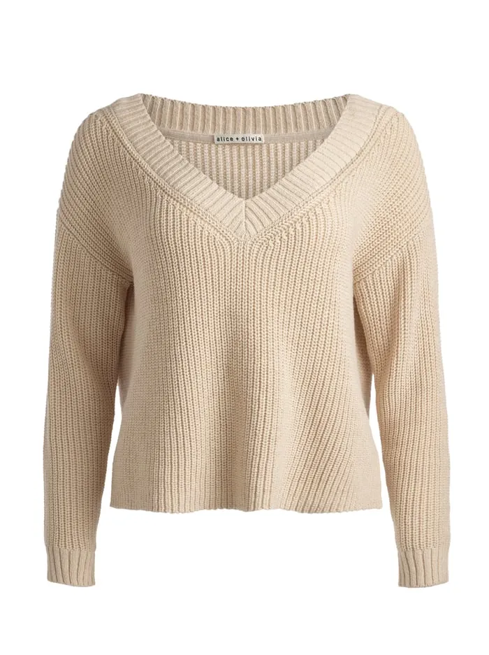Women Alice Olivia Sweaters Alita Relaxed V Neck Pullover Oatmeal Heather