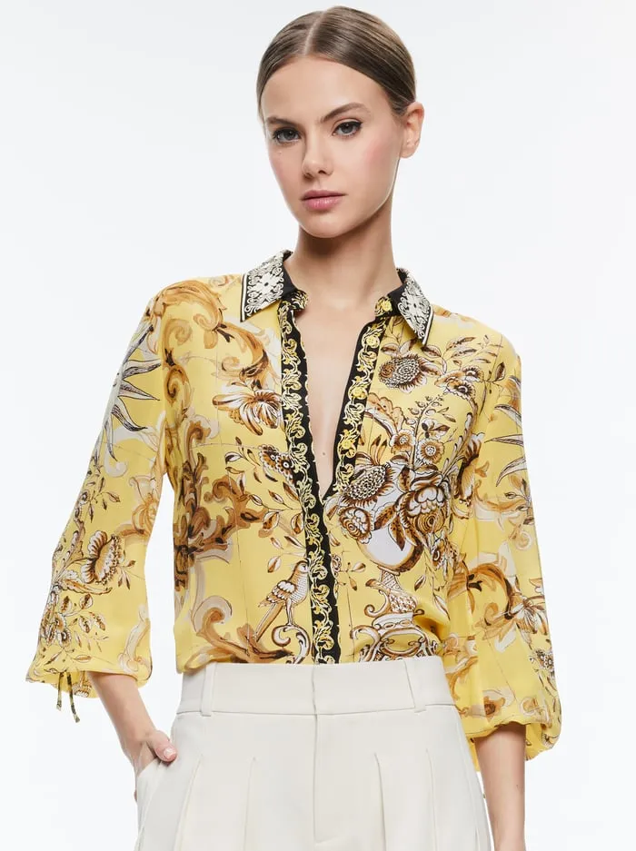 Women Alice Olivia Tops Willa Blouson Tie Sleeve Top Lisboa Lemon Meringue
