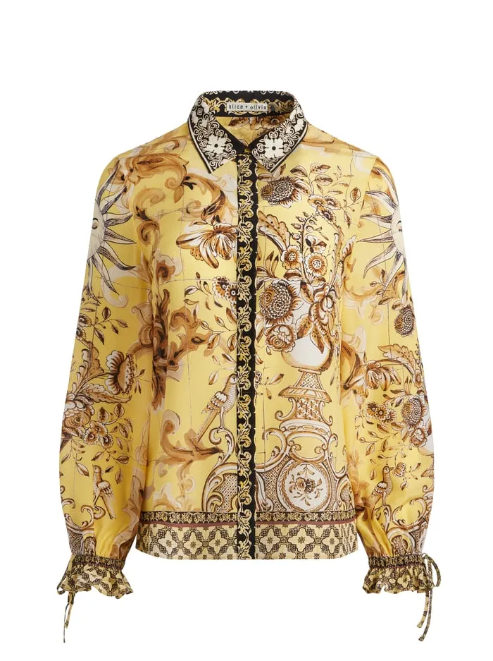 Women Alice Olivia Tops Willa Blouson Tie Sleeve Top Lisboa Lemon Meringue