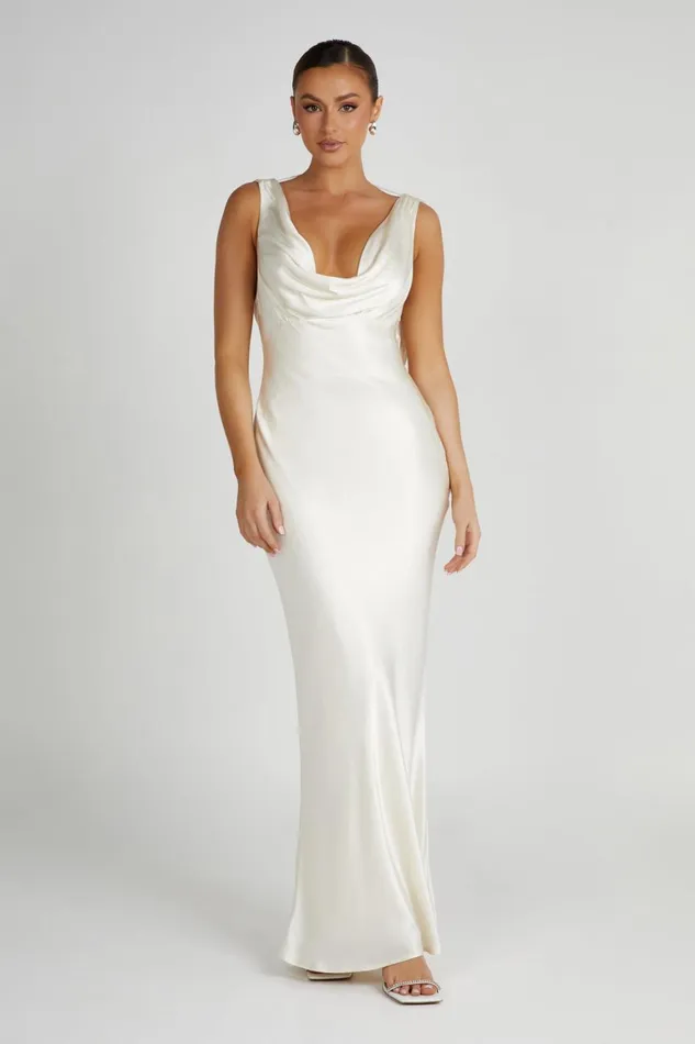 Women Angelique Satin Cowl Back Maxi Dress 8211 Ivory Ivory Meshki Maxi Dresses