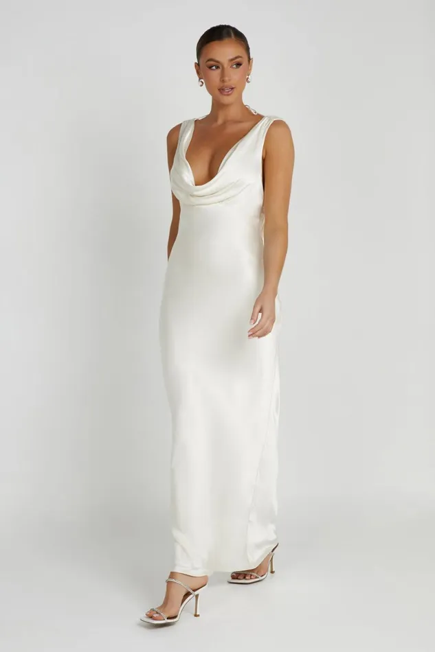 Women Angelique Satin Cowl Back Maxi Dress 8211 Ivory Ivory Meshki Maxi Dresses