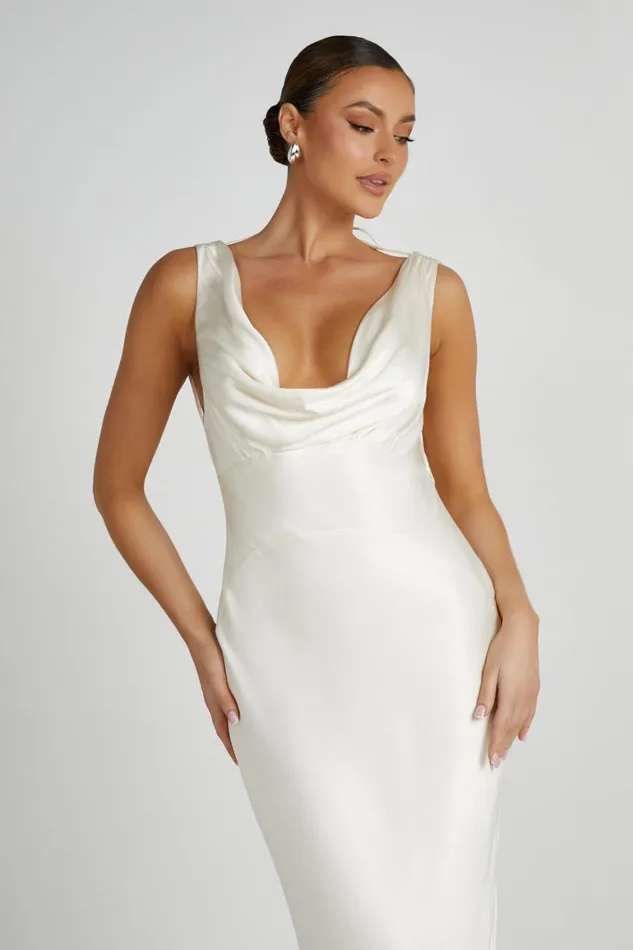 Women Angelique Satin Cowl Back Maxi Dress 8211 Ivory Ivory Meshki Maxi Dresses