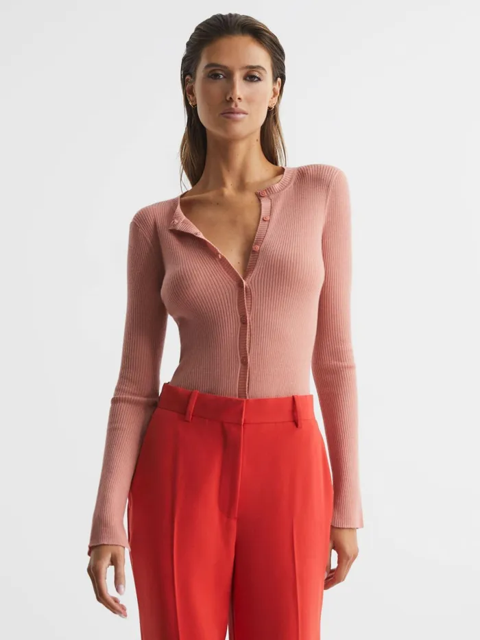 Women Arabella Silk Wool Blend Ribbed Cardigan Pink Reiss Knitwear
