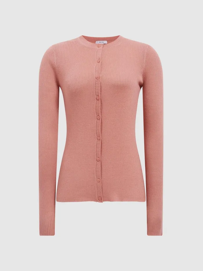 Women Arabella Silk Wool Blend Ribbed Cardigan Pink Reiss Knitwear