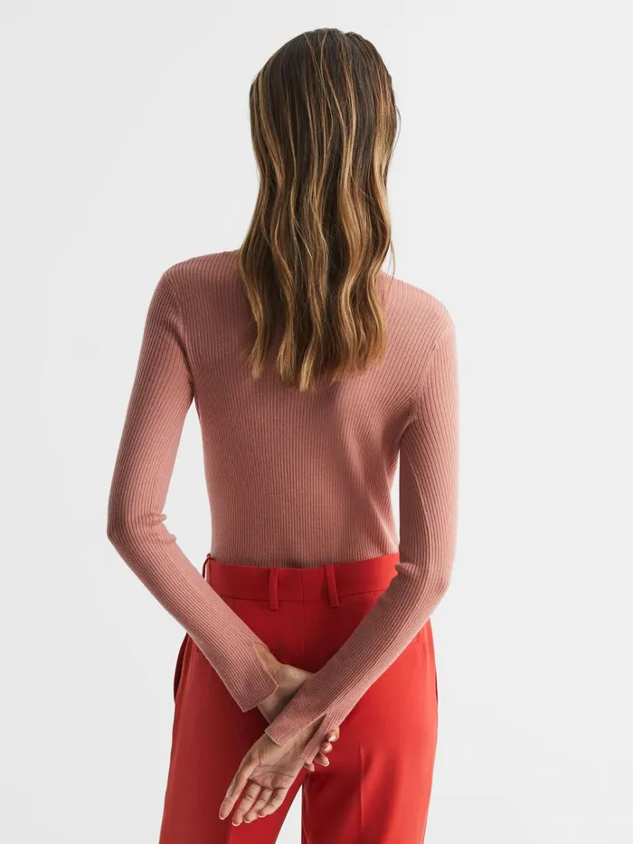 Women Arabella Silk Wool Blend Ribbed Cardigan Pink Reiss Knitwear