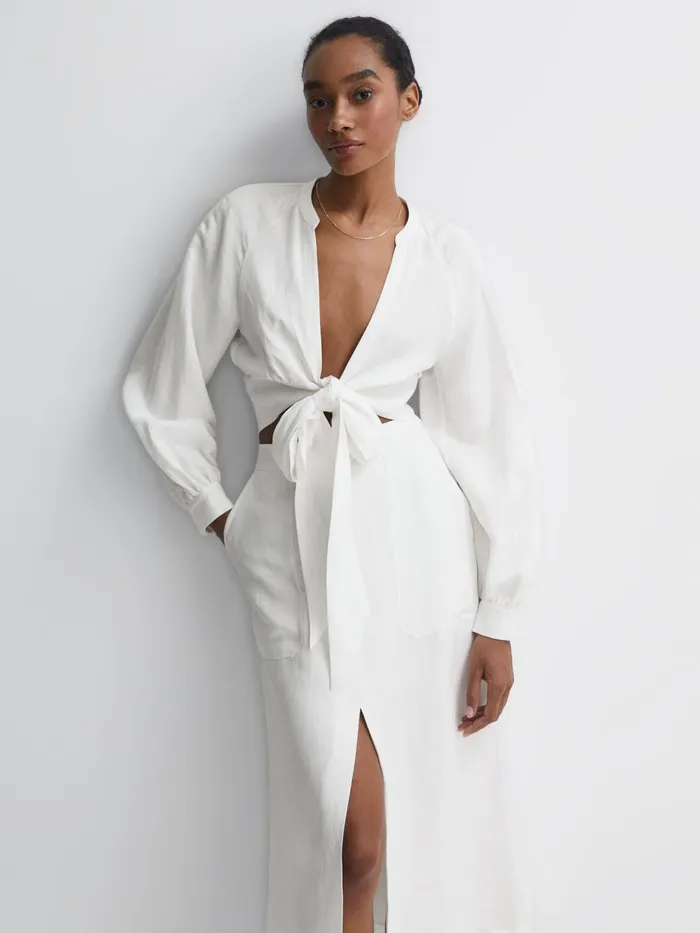 Women Axelle Tie Front Cropped Blouse White Reiss Tops