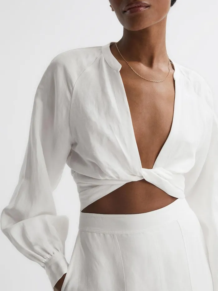 Women Axelle Tie Front Cropped Blouse White Reiss Tops