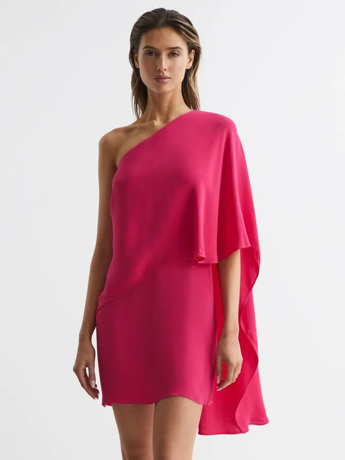 Women Blake One Shoulder Cape Mini Dress Bright Pink Reiss Dresses
